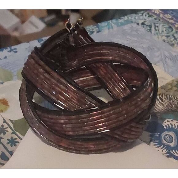 Brown/Black Vintage 90s Striped Pretzel Memory Wire Cuff Bracelet - Picture 1 of 3